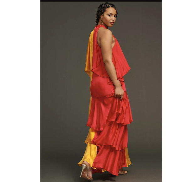 New Anthropologie Pinnacle Shruti Sancheti Mock-Neck Colorblock Ruffle Dress XS - Picture 7 of 8